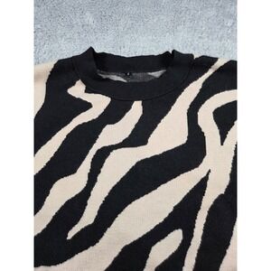 Zebra Print Crewneck Sweater Black Beige Animal Print Knit Top Small